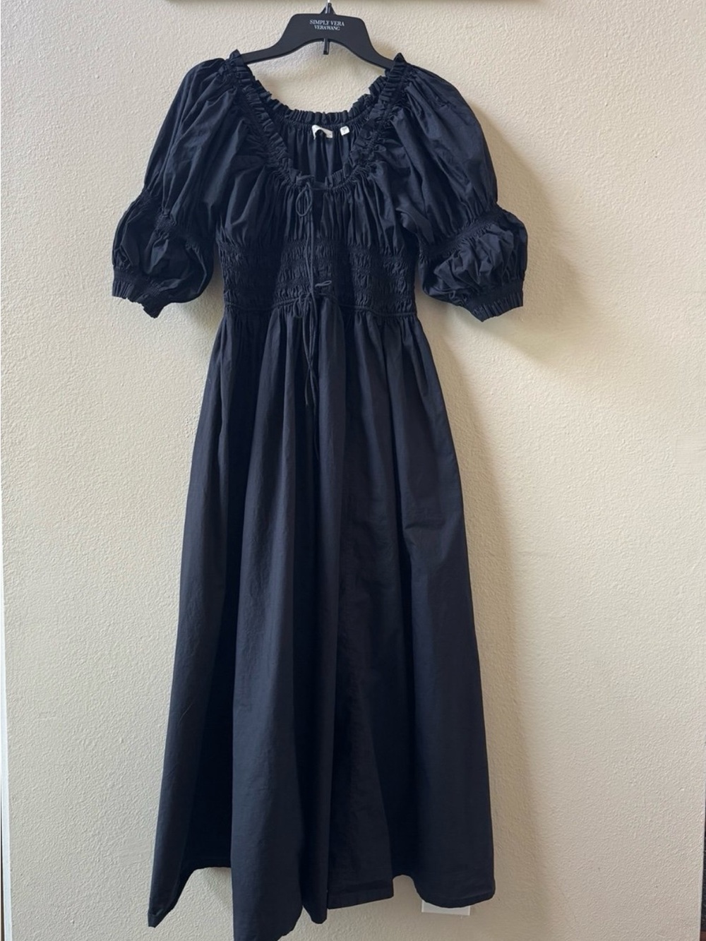 Doen black Ischia short sleeve shirred organic cotton dress